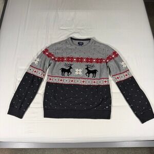 Chaps Boys XL 18/20 Grey Red Reindeer Fair Isle Cotton Knit Christmas Sweater